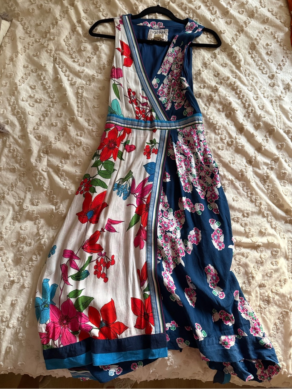Anthropologie Asymmetrical Floral Wrap Dress in Navy, White, Red, Pink